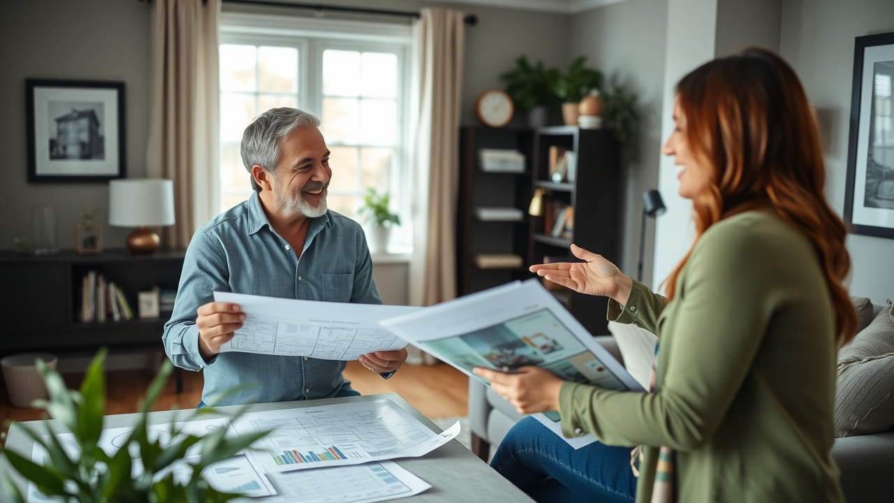 home seller meets staging consultant in a contemporary NJ home office, reviewing plans, friendly and professional, animated conversation