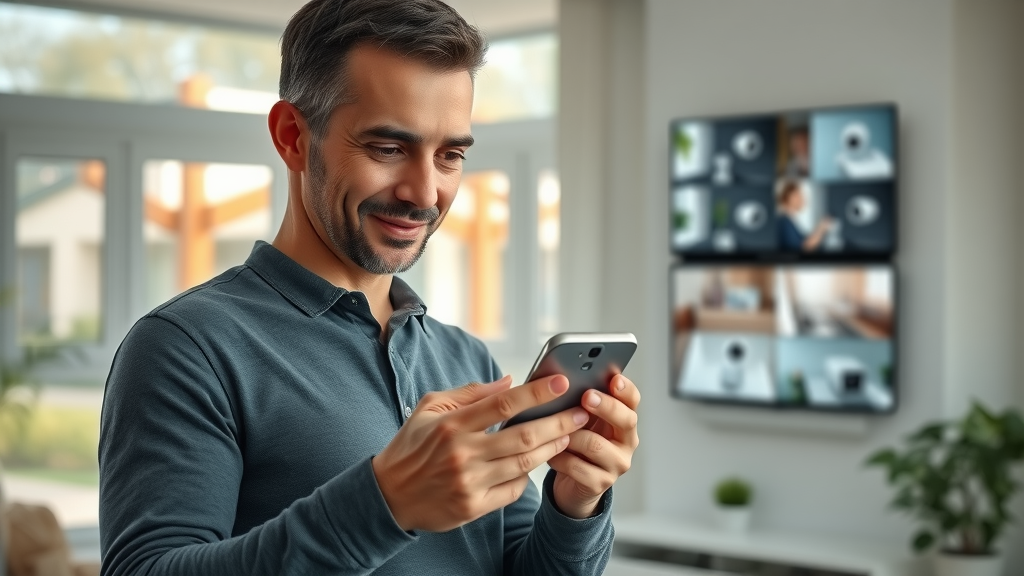 confident homeowner using mobile home security app security camera feeds wall screen