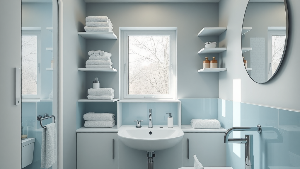 sleek small bathroom storage solutions with built-in shelves and chrome fixtures in an NJ bathroom