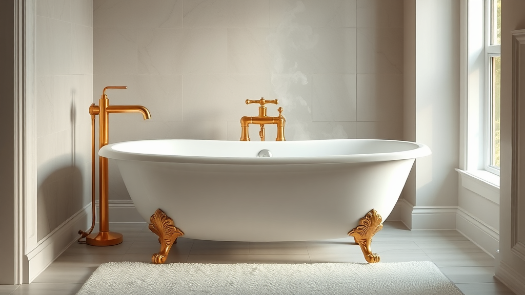 luxurious freestanding tub in new jersey bathroom renovation as centerpiece, gold fixtures and neutral colors