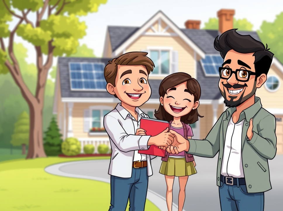 New Jersey family signing a solar lease or PPA agreement, happy, in front of a home with solar panels and a friendly solar consultant, cartoon style.