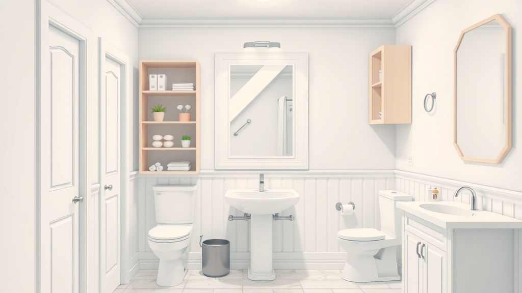 small NJ bathroom with built-in shelving, pocket doors, and wall-mounted cabinets, space-saving secrets