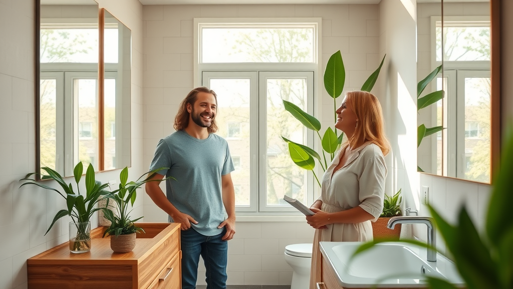 Serene modern NJ bathroom with homeowners discussing eco-friendly bathroom renovation and bamboo vanities