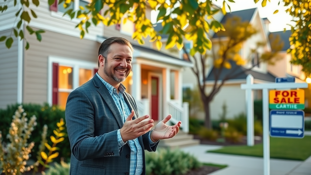 modern New Jersey home exterior for staged homes for sale NJ, inviting ambiance, real estate agent showing the property, lush landscaping, sunny day, photorealistic