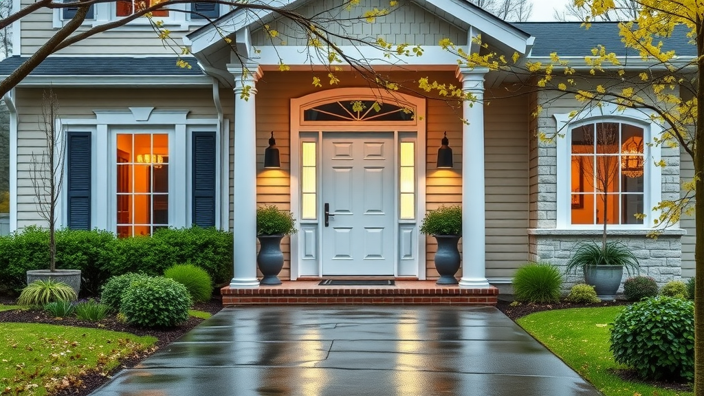 NJ smart home exterior with security cameras and smart lights, modern suburban house, customer reviews smart home installers nj