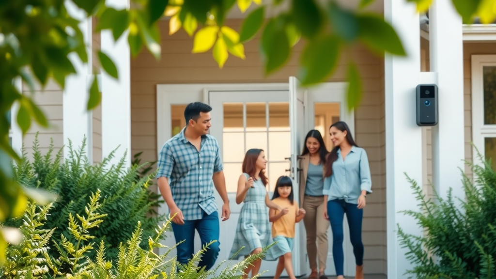modern smart home exterior with security features and family entering, smart home safety tips