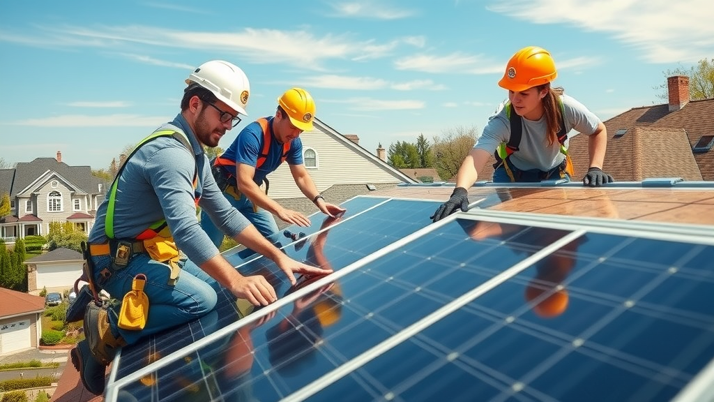 Team of professional solar installers securing solar panels on a classic New Jersey home