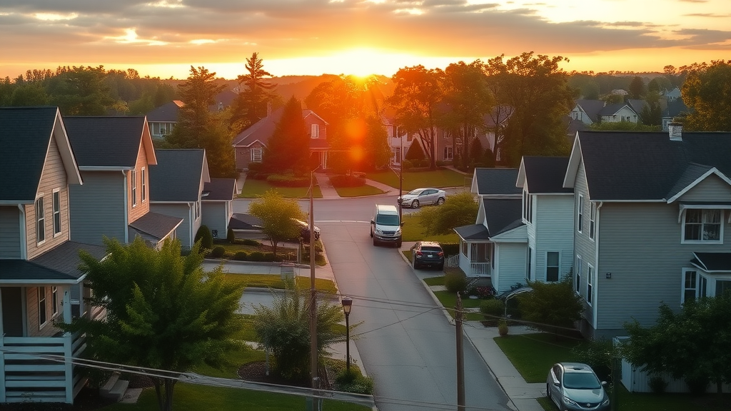 peaceful NJ sunrise neighborhood tree-lined streets traditional and modern homes
