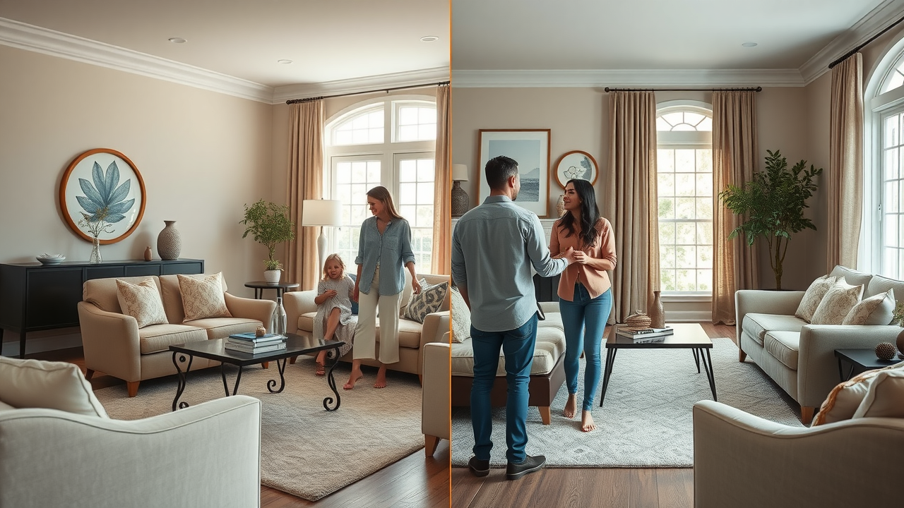 elegant living room staged for sale in NJ, before and after home staging transformation, neutral décor, light-filled interior, family observing, professional home staging service