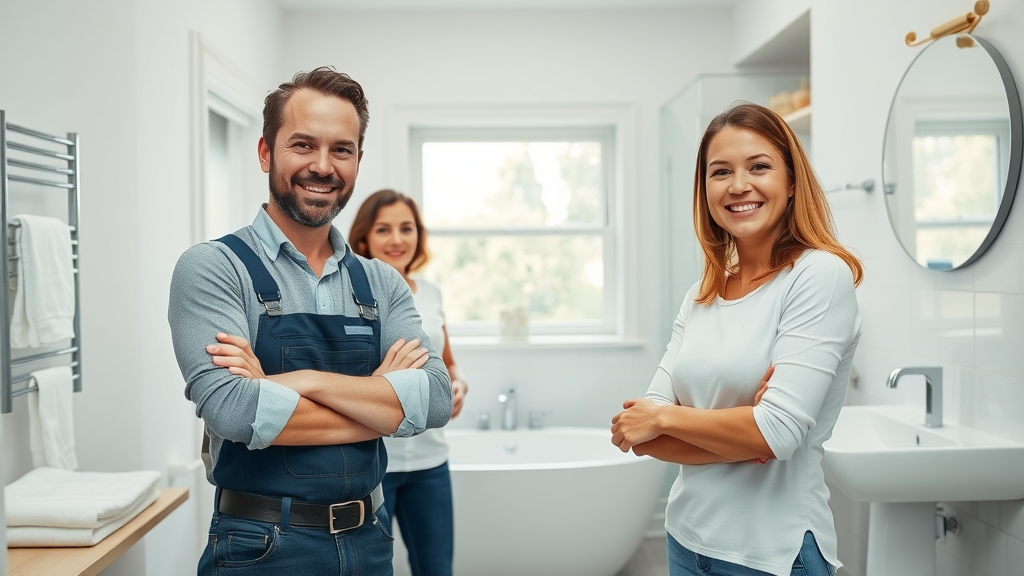 Happy homeowners and contractor after successful bathroom renovation permits New Jersey