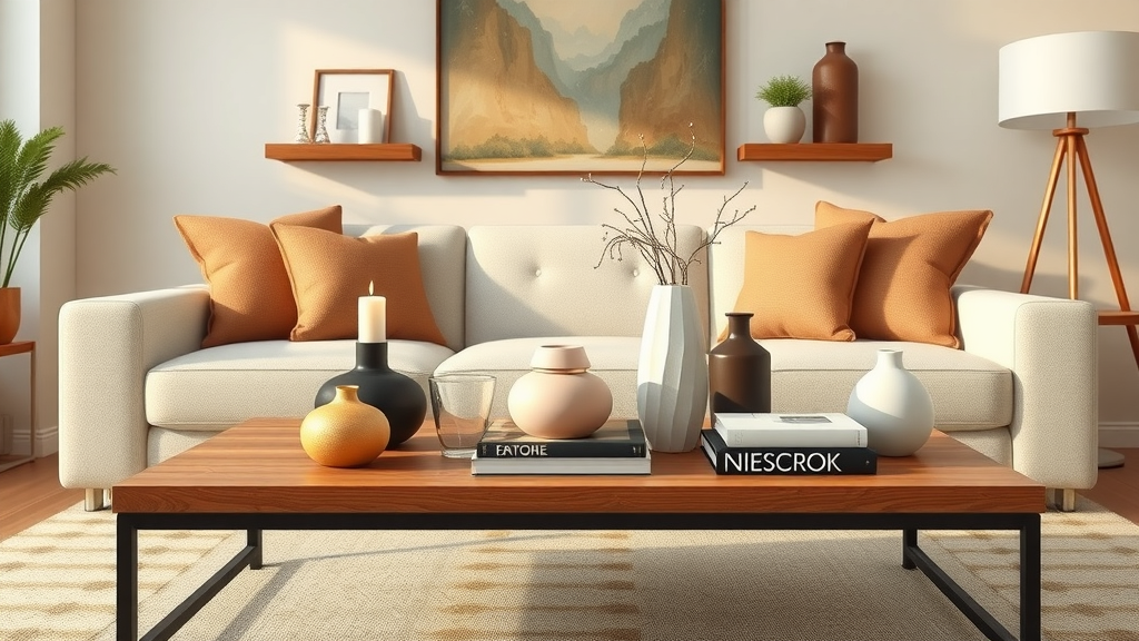 Artfully arranged coffee table using 3-5-7 rule with decor grouped in stylish modern NJ living room for home staging and interior design